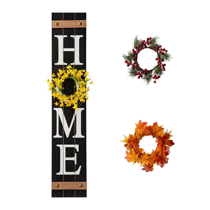 Glitzhome® 42" Black Home Wood Porch Sign with 3 Changeable Wreaths