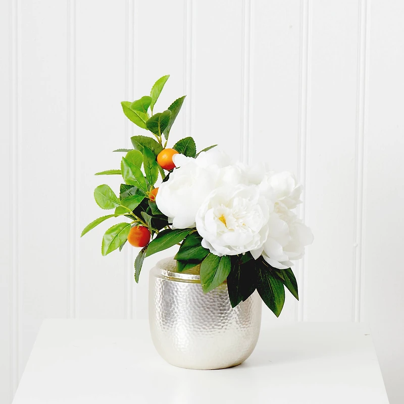 16" Artificial White Peony Dahlia Arrangement with White Vase