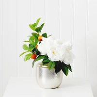 16" Artificial White Peony Dahlia Arrangement with White Vase