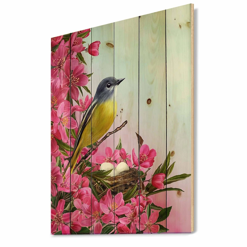 Designart - Little Yellow Bird Near The Nest with Flowers