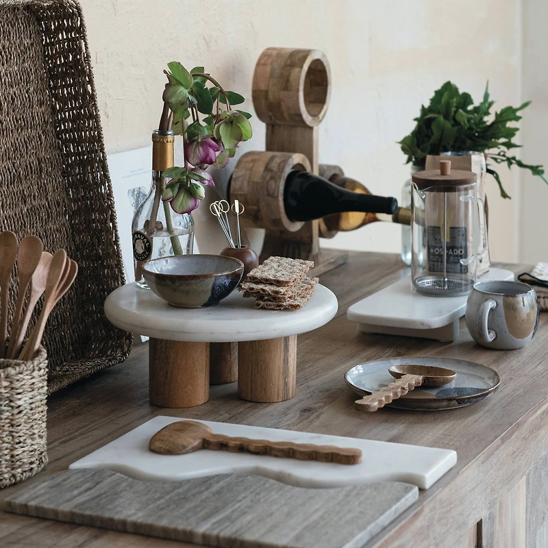 Hello Honey® 15" White Round Elevated Marble & Wood Food Pedestal