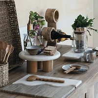 Hello Honey® 15" White Round Elevated Marble & Wood Food Pedestal