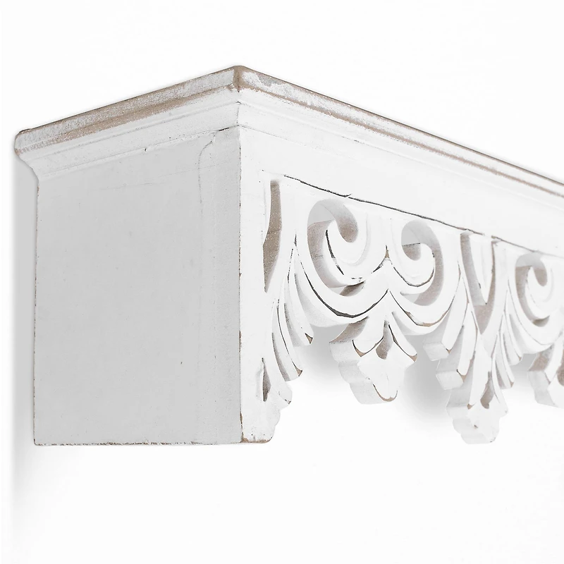 30" White Hand-Carved Floating Wall Shelf