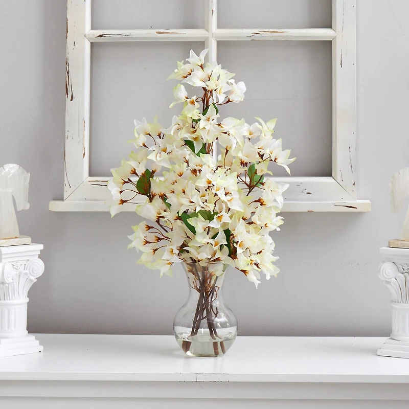 22" Artificial White Bougainvillea Arrangement with Fluted Glass Vase