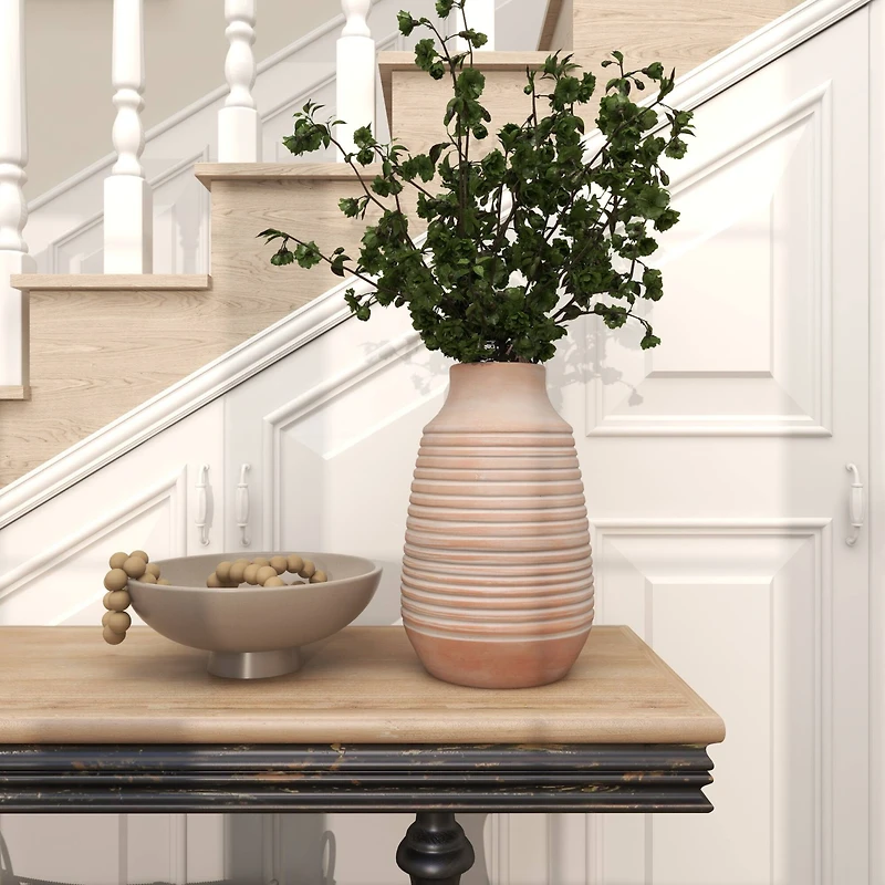 15" Pink Whitewashed Ribbed Terra Cotta Vase