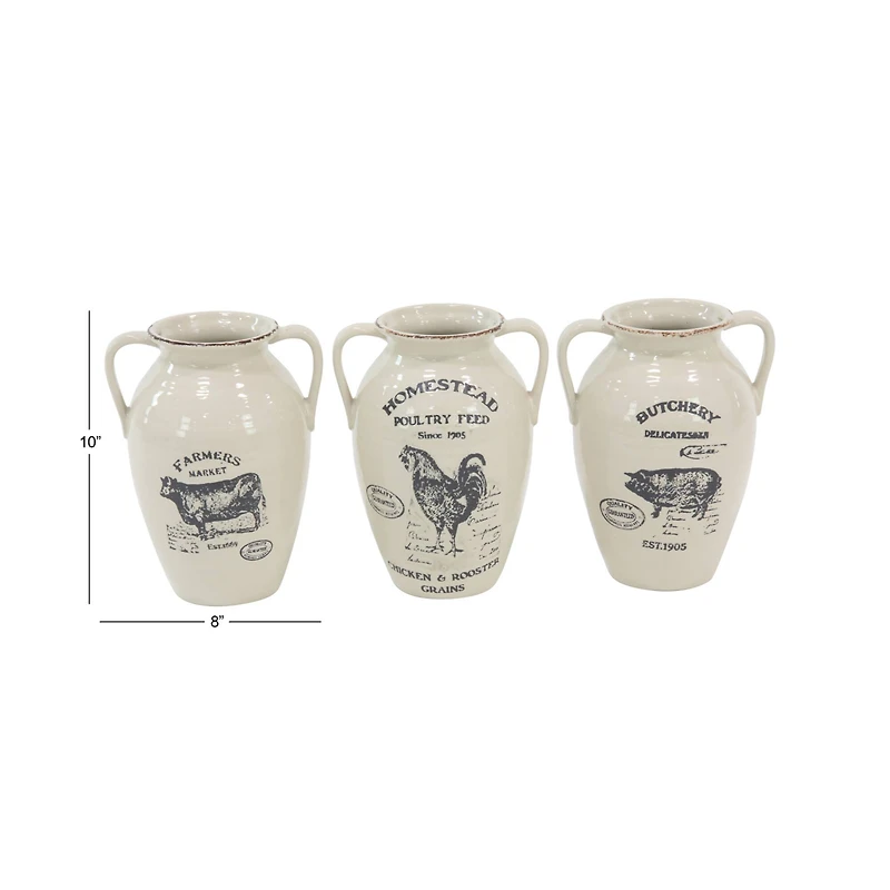 Set of 3 White Porcelain Farmhouse Vase, 8" x 10"