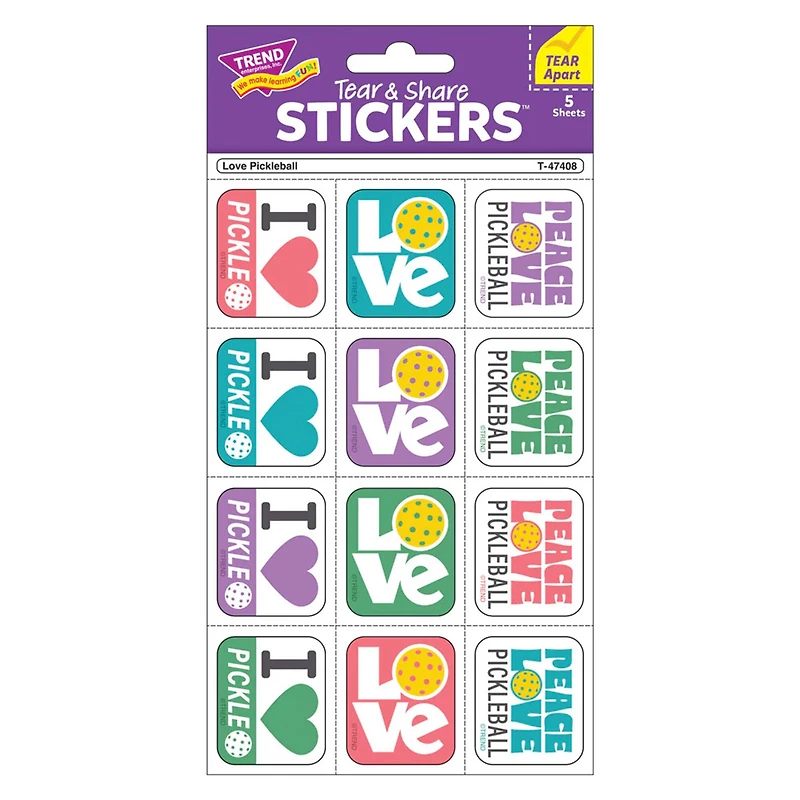 TREND Enterprises® Love Pickleball Tear & Share Stickers™, 6 Packs of 60