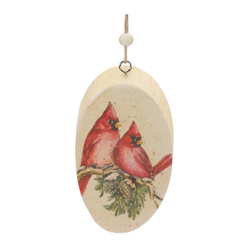 Wood Cardinal Bird Tree Disc Ornament Set