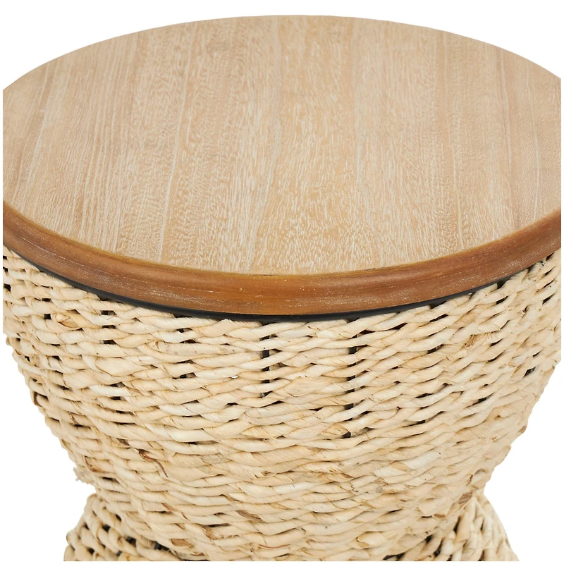 19" Rattan Woven Stool with Wood Tabletop and Black Frame