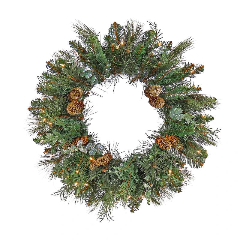 First Traditions™ 24'' Pre-Lit Artificial North Conway Wreath with Glittery Cones and Eucalyptus