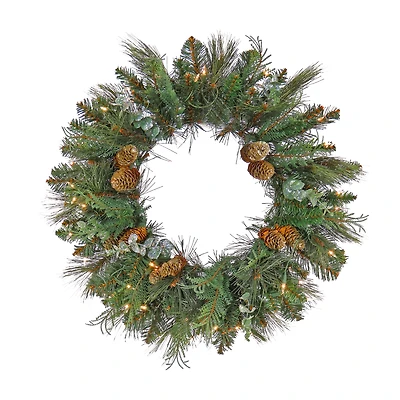 First Traditions™ 24'' Pre-Lit Artificial North Conway Wreath with Glittery Cones and Eucalyptus
