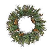 First Traditions™ 24'' Pre-Lit Artificial North Conway Wreath with Glittery Cones and Eucalyptus