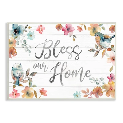 Stupell Industries Bless Our Home Greeting Watercolor Birds Blooming Flowers Wall Plaque