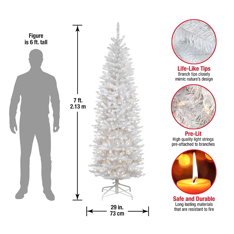 7 ft. Pre-lit White Kingswood Fir Pencil Artificial Christmas Tree, Clear Lights