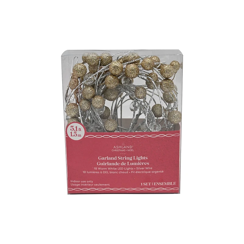 18ct. Warm White LED Gold Glitter & Crystal Bead Garland String Lights on Silver Wire by Ashland®