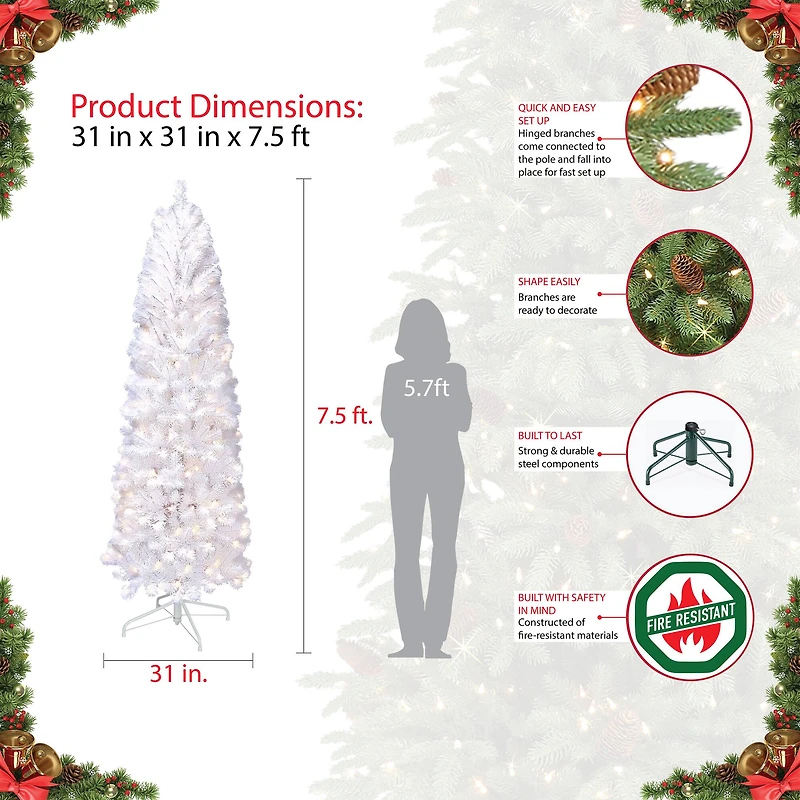 7.5ft. Pre-Lit White Pencil Northern Fir Artificial Christmas Tree, Clear Lights