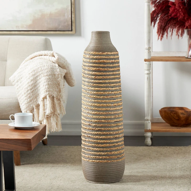 32" Brown Seagrass Handmade Braided Vase with Layered Gray Paneling