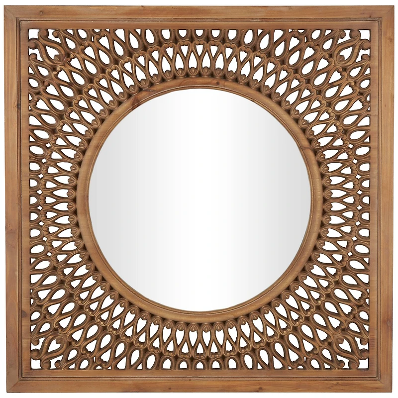 40" Brown Wood Framed Wall Mirror with Carved Scroll Pattern