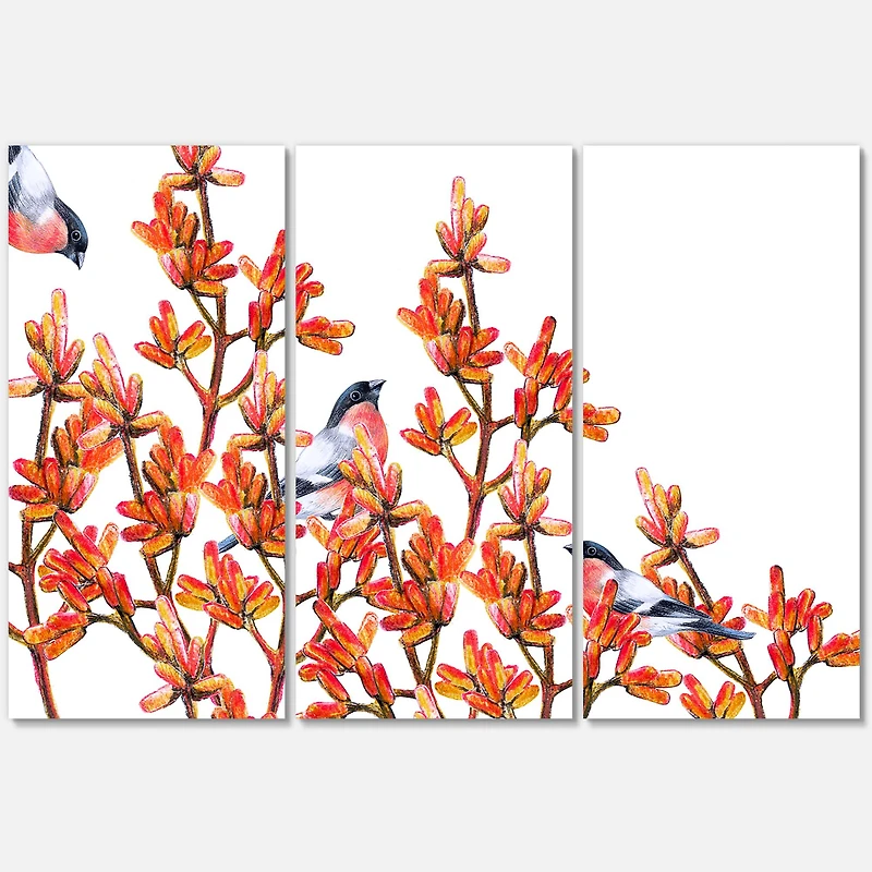 Designart - Flock of Bullfinches Birds on Orange Branches