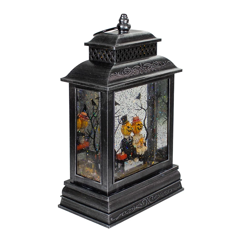 11.5" Black Lighted Halloween Snow Globe Lantern With Pumpkin Couple