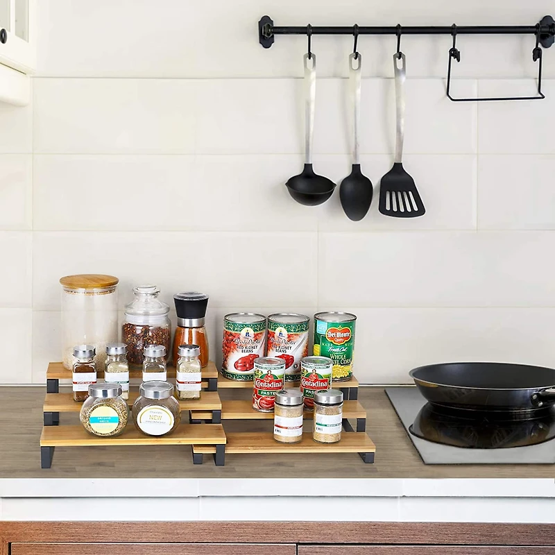 Natural 3-Tier Expandable Step Spice Rack for Kitchen Cabinet, 4ct.