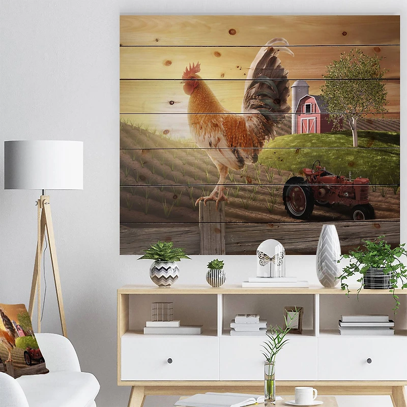 Designart - Country Farm Morning - Farmhouse Animal Painting Print on Natural Pine Wood