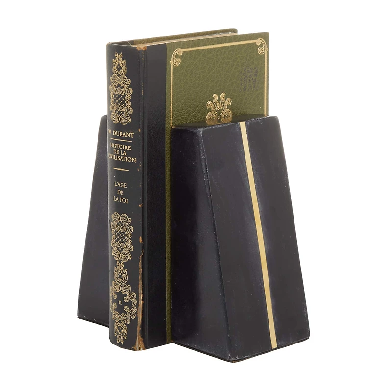 CosmoLiving by Cosmopolitan Set of 2" Black Marble Glam Bookends, 6" x 2" x 3"