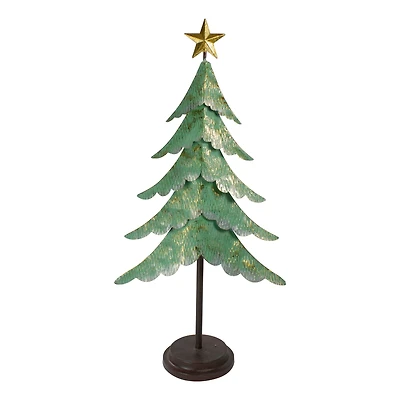 31" Rustic Layered Green & Gold Layered Metal Tabletop Christmas Tree with Gold Star Topper