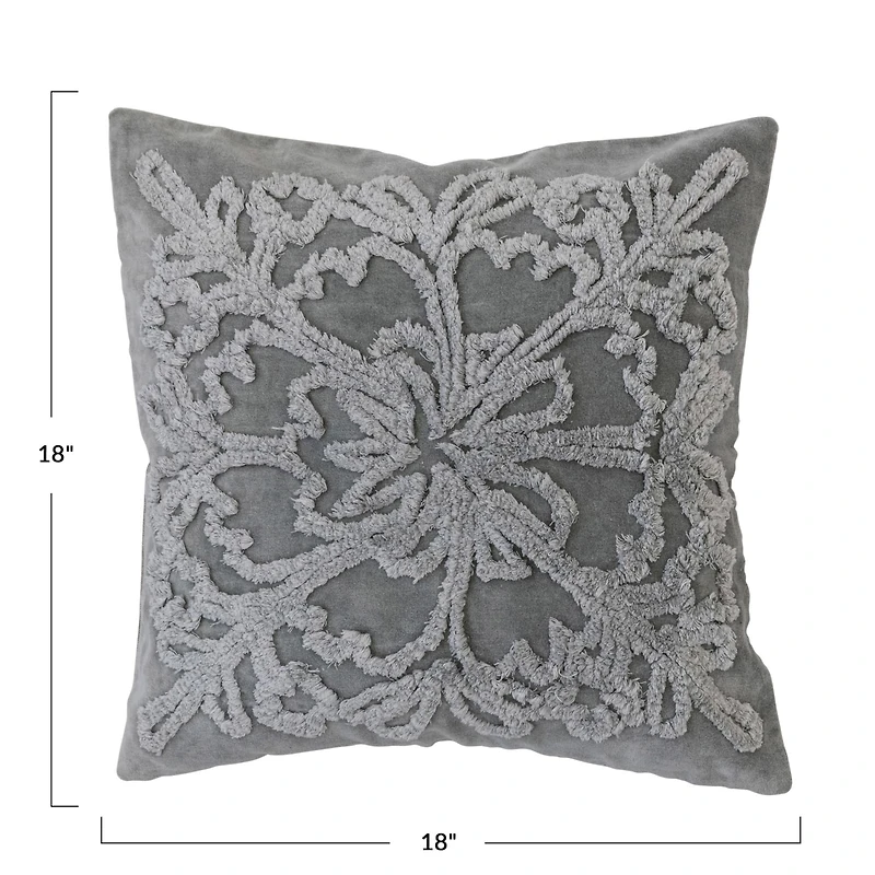 Hello Honey® Gray & Natural White Square Cotton Tufted Velvet Pillow with Snowflake & Chambray Back