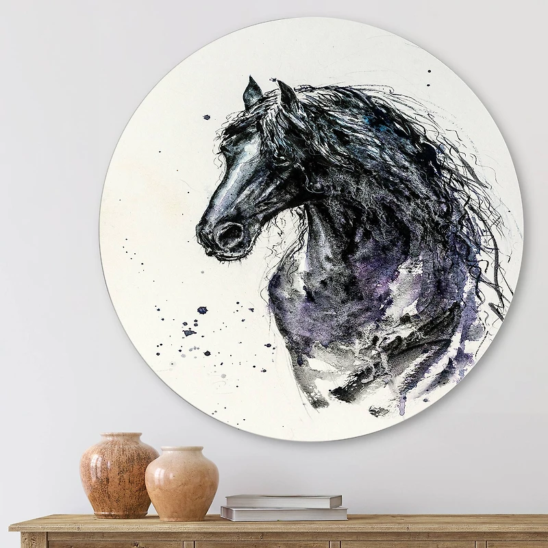 Designart - Portrait of Friesian Horse With Long Manes - Farmhouse Metal Circle Wall Art