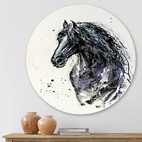 Designart - Portrait of Friesian Horse With Long Manes - Farmhouse Metal Circle Wall Art