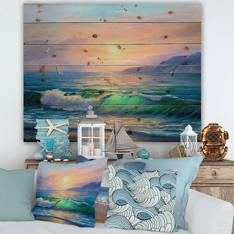 Designart - Blue Waves Breaking At The Beach V