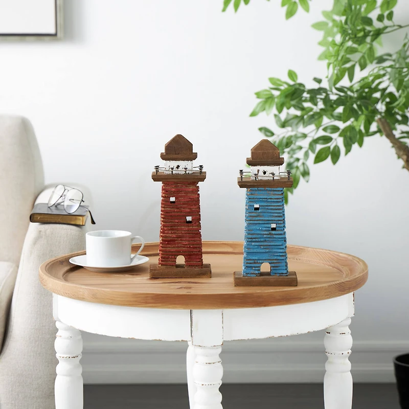 10" Red & Blue Wood Light Housee Sculpture Set