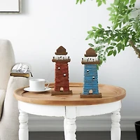 10" Red & Blue Wood Light Housee Sculpture Set