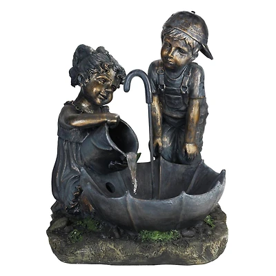 23.5" Bronze Children with Umbrella Outdoor Garden Water Fountain