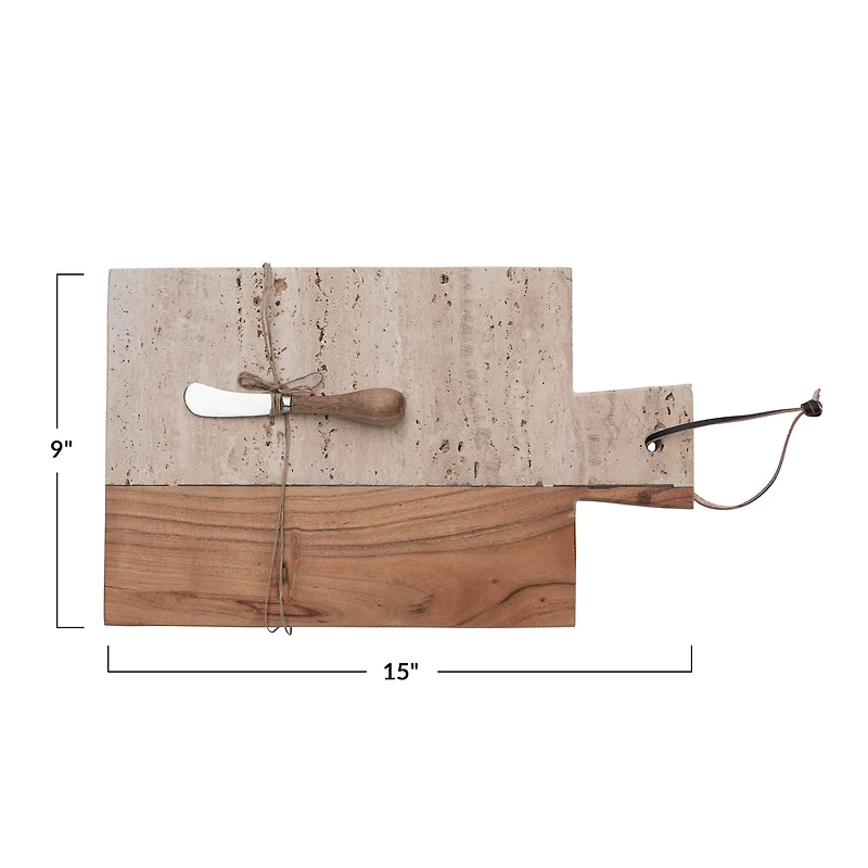Hello Honey® 15" Natural Stone & Acacia Wood Charcuterie Board with Leather Tie & Canapé Knife