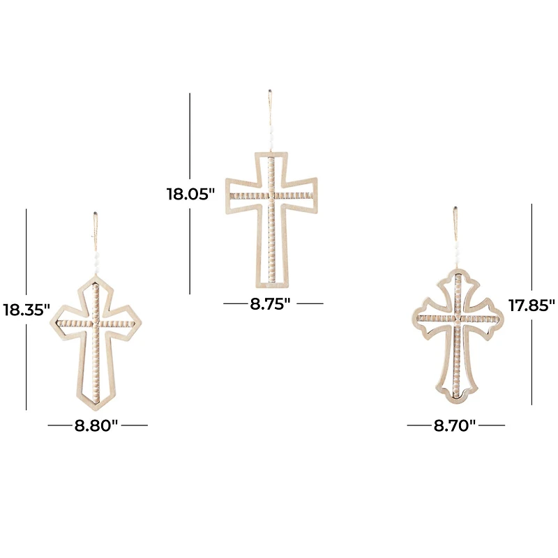 Light Brown Wood Carved Beaded Crosses Biblical Wall Decor with Rope Hanger Set of 3 9", 18"