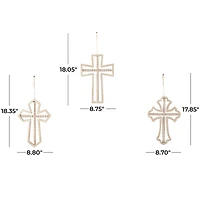 Light Brown Wood Carved Beaded Crosses Biblical Wall Decor with Rope Hanger Set of 3 9", 18"