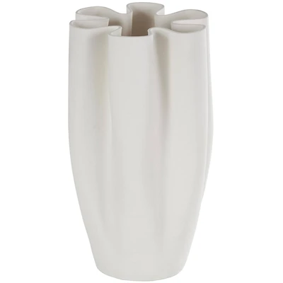 White Ceramic Abstract Ribbed Dimensional Folded Vase with Floral Shaped Rim