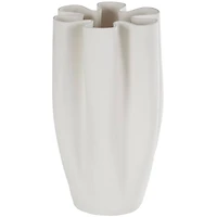 White Ceramic Abstract Ribbed Dimensional Folded Vase with Floral Shaped Rim