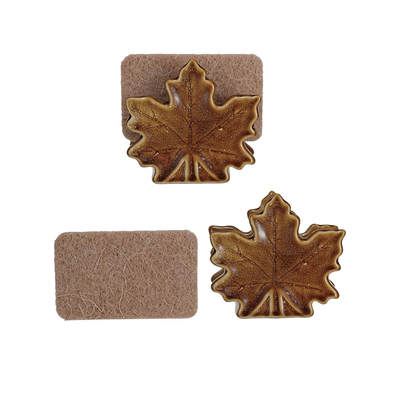 Hello Honey 4" Brown Reactive Glaze Stoneware Maple Leaf Shaped Sponge Holder, 2ct.