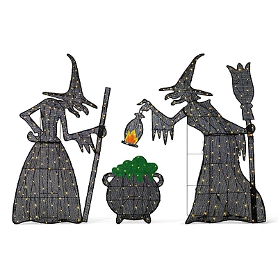 Glitzhome® Set of 3 Lighted Halloween 2.5D Witches with Cauldron Outdoor Decor