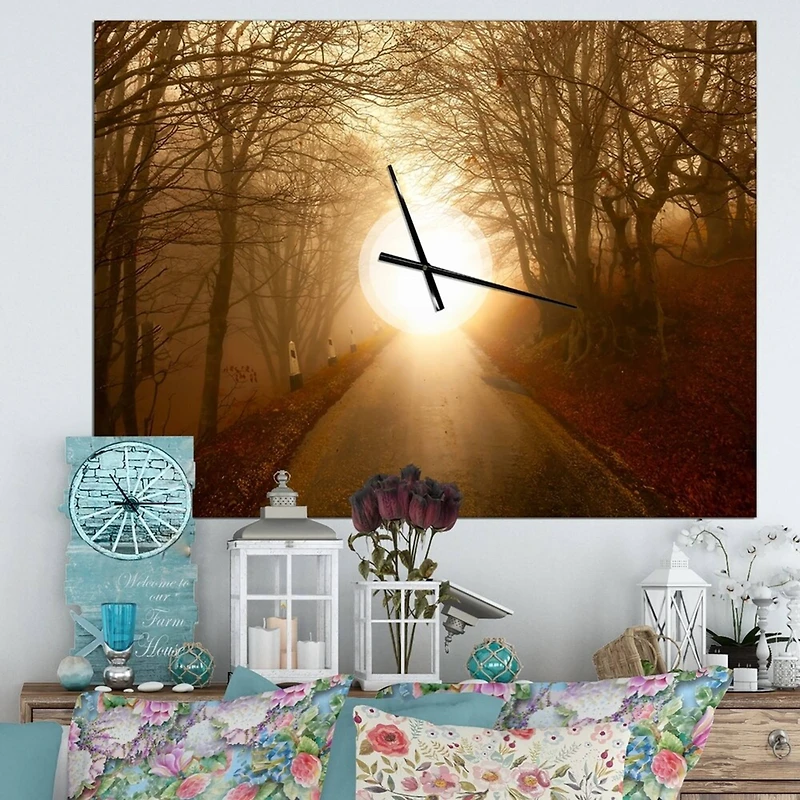 Designart Path To Sunlight In Autumn Forest Rectangular Wall Clock