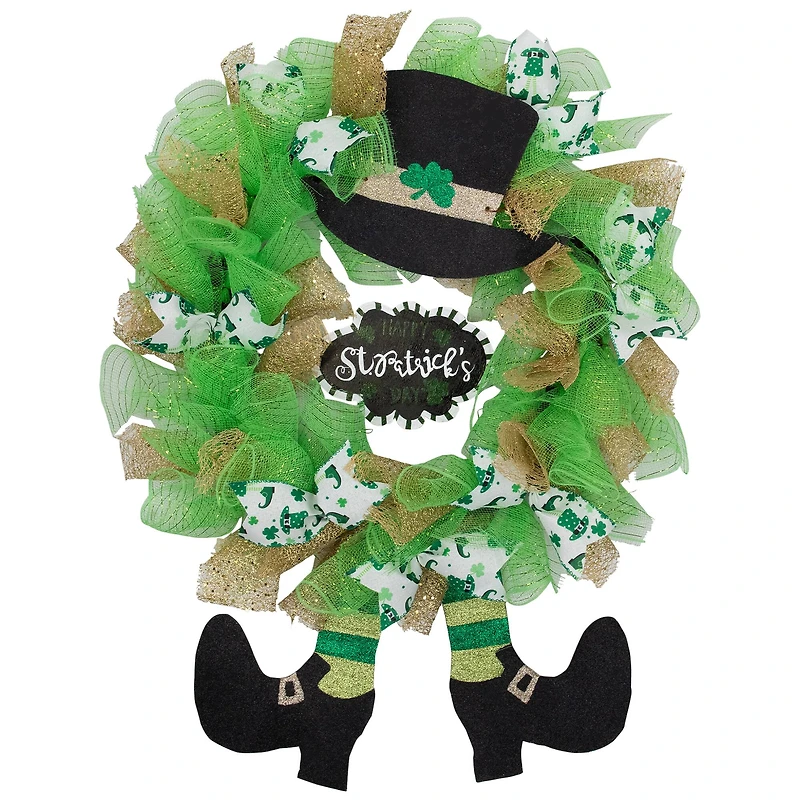 24" Happy St. Patrick's Day Ribbon Wreath with Leprechaun Hat