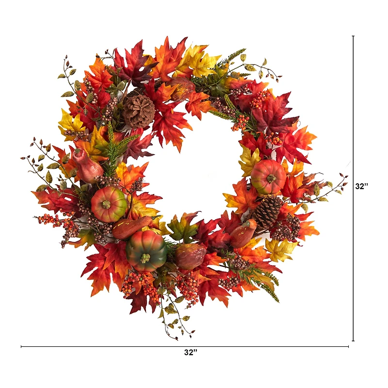 32" Maple Leaf, Pumpkin & Berries Artificial Fall Wreath