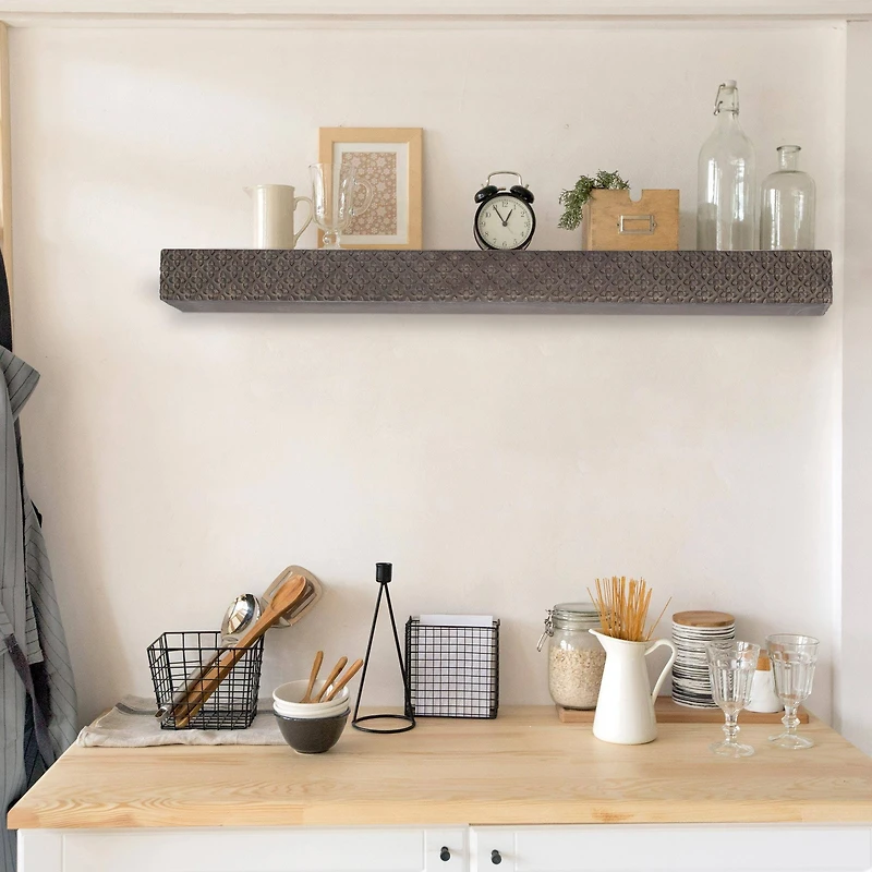 Black Rustic Embossed Wood Floating Wall Shelf