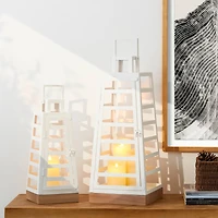 Glitzhome® White Modern Trapezoid Metal & Wood Lanterns Set