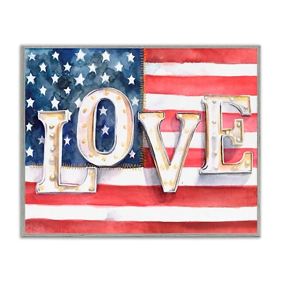 Stupell Industries Vintage Love Text Over Stitched American Flag Framed Giclee Art