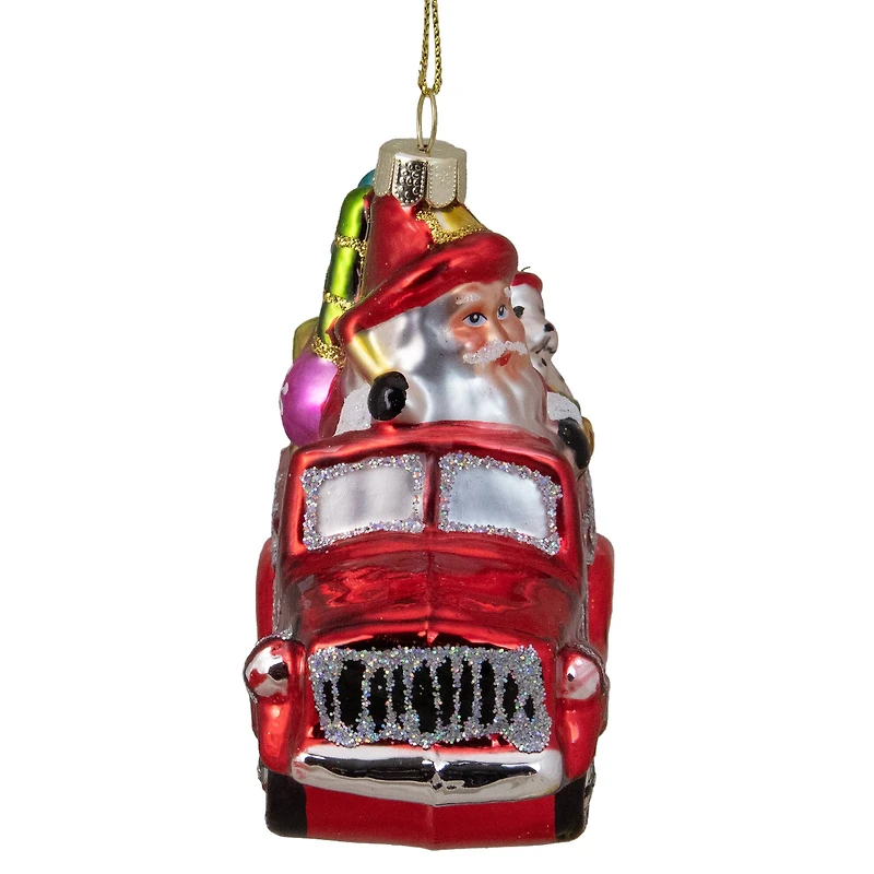 4" Red Fire Truck With Santa & Presents Glass Christmas Ornament