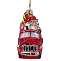 4" Red Fire Truck With Santa & Presents Glass Christmas Ornament